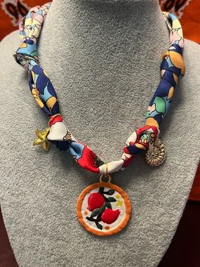 Multicolor Silk-Style Scarf Necklace with Red Cherry Pendant